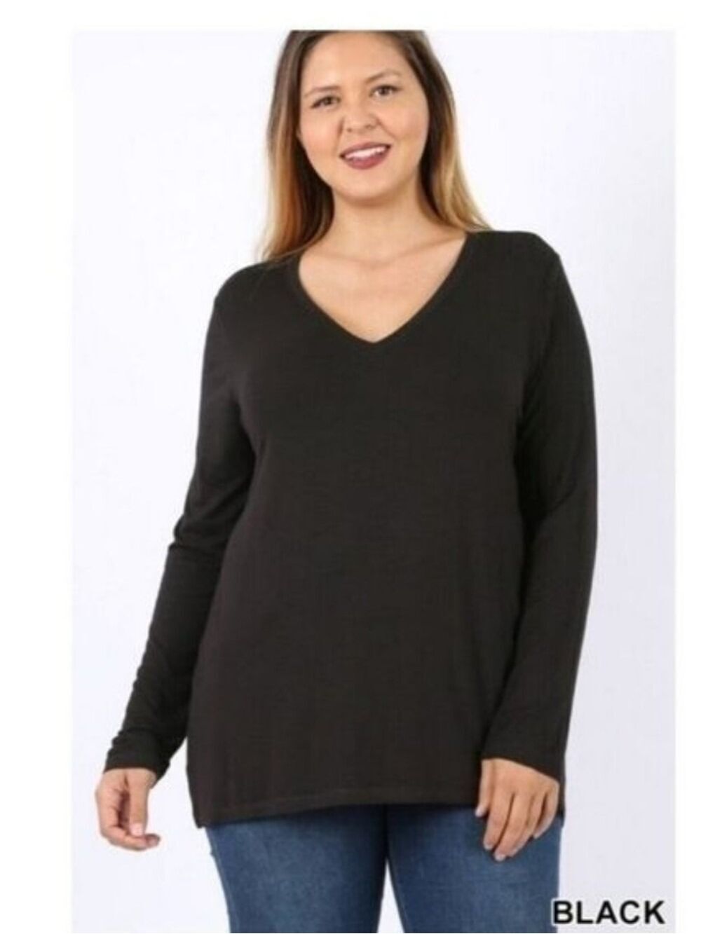 ZENANA Long Sleeve V Neck Top Black Size Large NWT